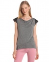 C&C California Women's Stretch Cap Sleeve High Loww Tee With Faux Leather Trim, Slate Heather Grey, Medium