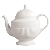 Edme teapot by Wedgwood. Wedgwood marks the 100th anniversary of its classic Edme collection with a refreshing update of its timeless pattern. A new antique white glaze enhances the elegant colannade embossment and laurel motif accent pieces. Sophisticated shapes and generously sized pieces make this pattern ideal for today's lifestyle.