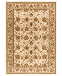 Taking its namesake from the original Kashan rugs of Persia, this area rug displays a regal look with intricate medallions in a light gold, cream, sage colorway with hints of crimson. Made in the USA of lush, heat-set polypropylene for sheer durability and effortless style. (Clearance)