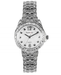 Simple elegance dressed up with a ring of shine. This Style&co watch features a silvertone alloy bracelet and round case. Crystal-accented bezel. White dial with studs at indices, logo and three hands. Quartz movement. Two-year limited warranty.