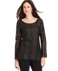 Studio M's lace top is striking with sheer sleeves and metallic detail throughout.