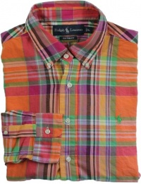 Polo Ralph Lauren Custom-Fit Poplin Madras Button Down (Large, Orange/Pink)