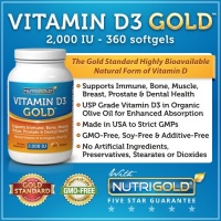 Nutrigold Vitamin D3 Gold (in Organic Olive Oil), 2000 IU, 360 softgels