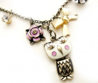 Eve's Couture Vintage Colorful Owl Pendant Necklace Crystal Pink Flower Bow Charm Betsey Johnson Adjustable Chain Artsy Owl Necklace - Bronze, Enamel, Mixed Metals, Crystals - Pink, Cream, White, Black, Brown, Gold