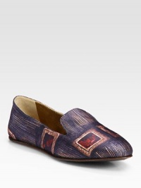 Traditional smoking slipper of fine satin takes on a vivid graphic print for superior comfort and style. Graphic-print satin upperLeather lining and solePadded insoleMade in Italy