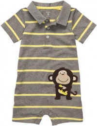 Carters Boys 3-24 Months Striped Monkey Polo Romper (9 Months, Grey)