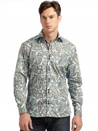 THE LOOKSpirited Euro stylingBright paisley print on crisp poplinSignature square buttonsSpread collar with single button at backLong sleeves with button cuffsRibbon trim inside collar, placket and at cuff placketContrast embroidered logo at back yokeTHE MATERIALCottonCARE & ORIGINMachine washImported