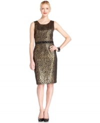 Kasper turns heads with a timeless sheath silhouette updated for evening with metallic animal-print brocade fabric and a dazzling bejeweled waist.