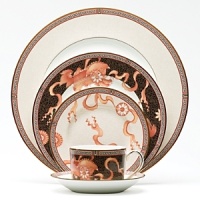 Dynasty, the newest pattern from Wedgwood's Expressive collection is uniquely designed with an archival Chinese Dragon motif and elegant Greek key border. Bone china.