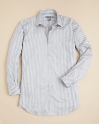 DKNY's double pinstripe button down shirt updates his dressy wardrobe with a versatile piece that adapts to his personal look.