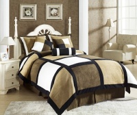 Chezmoi Collection Micro Suede Patchwork 7-Piece Comforter Set, Full or Double, Black/Brown/White