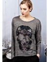 Lauren Moshi Womens Bayle Color Feather Skull Burnout Tee in Heather Grey - Heather grey - X-small/Small