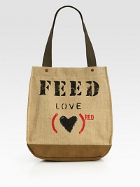 This beautiful natural burlap bag was made in partnership with (RED). Each roomy carryall will provide approximately 30 days of ARV treatment through the Global Fund and 30 nutritious school meals. Double top handles, 10 dropOpen topOne outside open pocketOne inside open pocketFully lined in organic cotton and natural burlap13½W X 15½H X 4¾DImported