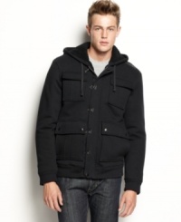 This handsome DKNY Jeans sherpa lined hooded fleece is the perfect layer for that in-between-seasons weather.