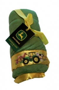 John Deere Fleece Blanket with Embroidered Satin Trim - Down on the Farm Design