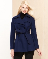 Via Spiga's pea coat features classic double-breasted style at the front and flattering pleated details at the back hem.