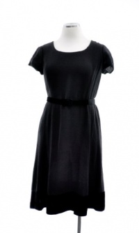 Jones of New York Black Cap Sleeve Scoop Neck Velvet Trimmed Dress with Belt