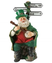 The luck of the Irish! Santa traded his traditional red suit for this Celtic-inspired green ensemble. With an instrument in hand, he sings Christmas carols at the crossroads of Ireland and the North Pole.