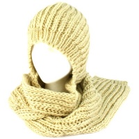 Winter Chunky Knit Hooded Scarf Pullover Headscarf Neckwarmer Hoodie Hat Beige