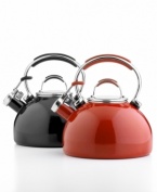 Perfect for posh gatherings, this sleek, stainless steel tea kettle is accented with a soft, silicone rubber handle in coordinating colors. When water comes to a boil, a harmonious whistle lets you know it's tea time. Hassle-free replacement warranty.