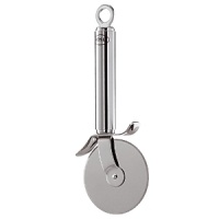 This 18/10 stainless steel pizza cutter guarantees a straight cut with a minimum of effort. The blade is securely anchored and a hand guard is added for safety.