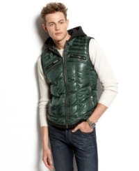 Take your street style and add a contemporary edge to it with this sleek hooded vest from Guess.