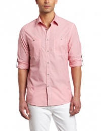 Kenneth Cole Men's End On Shirt With Grommets, Coral Red Combo, Medium