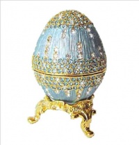 Powder Blue Faberge style Egg Box with Ring Insert Swarovski Crystals Gold Figurine