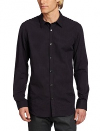 Calvin Klein Sportswear Men's Long Sleeve Mini Plaid Sateen Dobby Stripe Woven, Black, Large