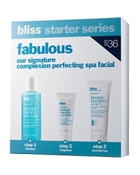 An at-home introduction to Bliss spas signature complexion-perfecting Fabulous Facial, this kit will leave you looking skin-credible in three simple steps. Includes introductory sizes of our top fab for all skin types formulas: fabulous foaming face wash (2 oz.), fabulous every day eye cream (.1 oz.) and fabulous face lotion SPF 15 (.5 oz.).