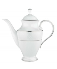 A sweet lace pattern combines with platinum borders to add graceful elegance to your tabletop. The classic shape and pristine white shade make this coffee pot a timeless addition to any meal. From Lenox's dinnerware and dishes collection.