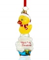 Bubble it up for your baby's first Christmas. A sparkling yellow duck is lifted up and out of his tiny bathtub in the Cheeky Clean ornament, crafted with the dazzling handcrafted detail of Christopher Radko.