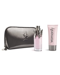 This provocative collection will energize any heroine with the intriguing scent of WOMANITY. The distinctive products are encased within a feminine gray textured pouch, which is lined in pink and embossed with the Thierry Mugler signature star.Set includes:- Eau de Parfum Refillable Bottle, 50mL/1.7 fl. oz.- Perfumed Body Milk, 100mL/3.4 oz. net wt.