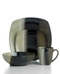 Color and texture collide in Sango's totally bold set of Deco dinnerware. The dishes have a reactive glaze that lends rich artistry to black and tan tones, while modern square and round shapes unite for a dynamic casual look.