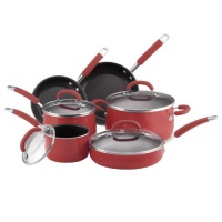 Rachael Ray Porcelain Enamel Nonstick 10-Piece Cookware Set, Red