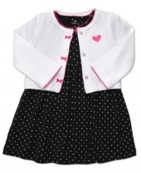 Adorn her in dainty bows and polka dots with this pretty cardigan and dress set from Carter's.