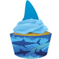 Creative Converting Shark Splash Cupcake Pick Decorations with Matching Baking Cup Wrappers, 12 Count