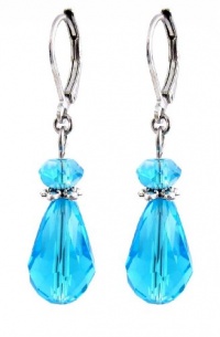 Earrings - E231 - Faceted Glass Beads Hung on Silver Plated Leverbacks ~ Aqua Blue Teardrop