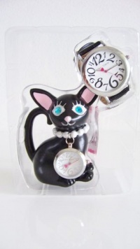 Betsey Johnson Cat Watch Clock Set Black/silver Leather Strap Dial Bj00203-01