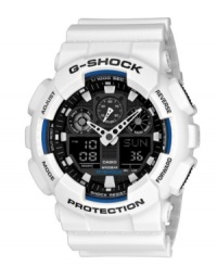 Technical precision and rugged durability combine for a watch made for the great outdoors, by G-Shock. Crafted of white resin strap and round case with blue accents. Shock-resistant analog-digital dial with logo, five subdials, auto LED light, world time, daily alarm with snooze, stopwatch, countdown timer and 12/24-hour formats. Quartz movement. Water resistant to 200 meters. One-year limited warranty.