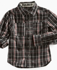 Keep his look locked down with the modern look of this Breton plaid shirt from DKNY.