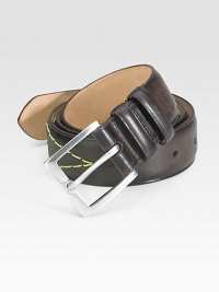 Rich, smooth leather is detailed with contrast stitching and a silvertone buckle.LeatherAbout 1¼ wideImported