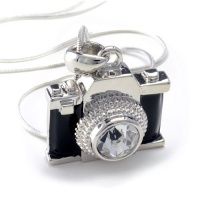 Silvertone Miniature Black Crystal Camera Pendant Necklace 18