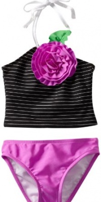 Love U Lots Girls 2-6X 2 Piece Tankini Shimmer Pin Stripe With Flower, Black/White, 2t