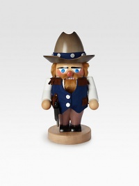 From his ten-gallon hat to this fringed vest to his six-shooter, this delightful wooden nutcracker is entirely hand-crafted in Germany.6 X 6 X 10½HCarved woodMade in Germany