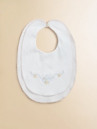 A soft, double-layered cotton bib is finished with sweet floral embroidery and scalloped trim.Single button closureCottonMachine washImported