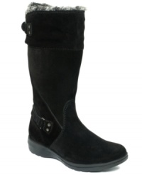 Cool-weather style. The Sheba Ayer boots by Clarks are lined in faux fur and feature a Velcro buckle strap at the top of the shaft and a zipper down the side.