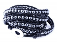 Noir Hematite Gemstone Bead Wrap Bracelet on Genuine Leather, Stunning Extra Long 5x Wrap in Gift Box