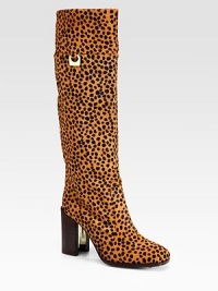 Leopard-print calf hair in a knee-high silhouette with goldtone buckle hardware and a partially lacquered heel. Stacked, lacquered heel, 3½ (90mm)Shaft, 16Leg circumference, 14Leopard-print calf hair upperLeather liningLeather and rubber solePadded insoleImportedOUR FIT MODEL RECOMMENDS ordering one half size up as this style runs small. 