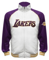 The Most Valuable Fan wears this baseball style running jacket featuring the Los Angeles Lakers by Majestic.